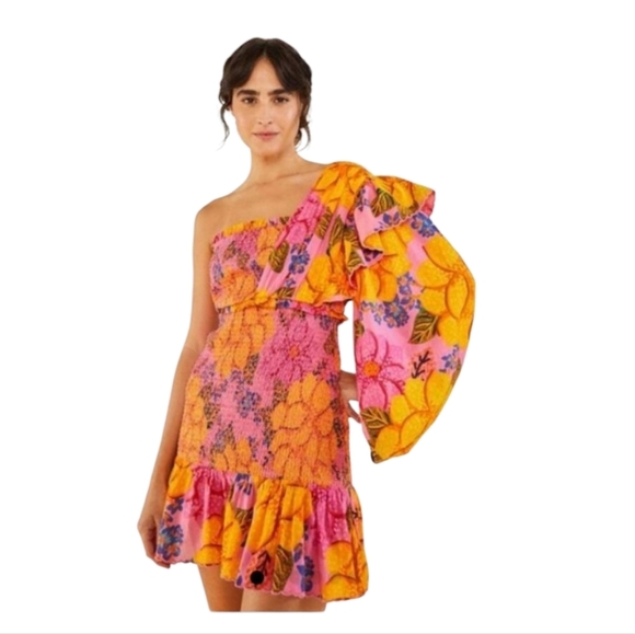 FARM RIO Flowers Garden One- Shoulder Smocked Mini Dress.Size S NWT - Picture 1 of 16